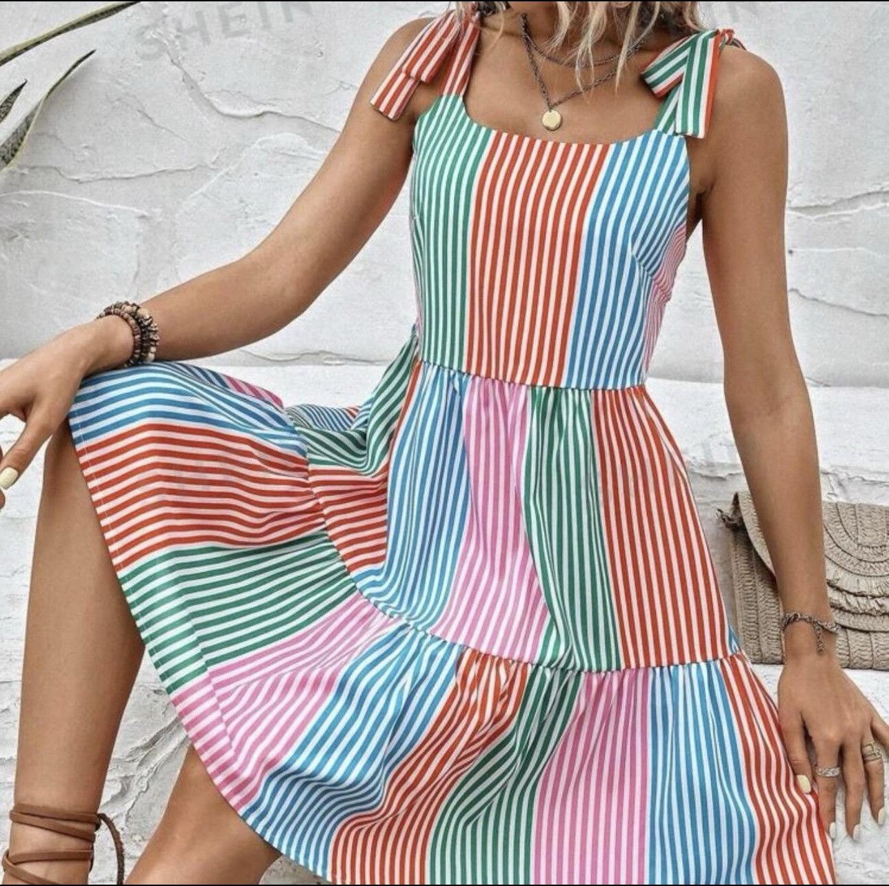 Shein SHEIN VCAY Striped Print Ruffle Hem Knot Shoulder Cami Dress Size M / US 6-8 / IT 42-44 - 2 Thumbnail