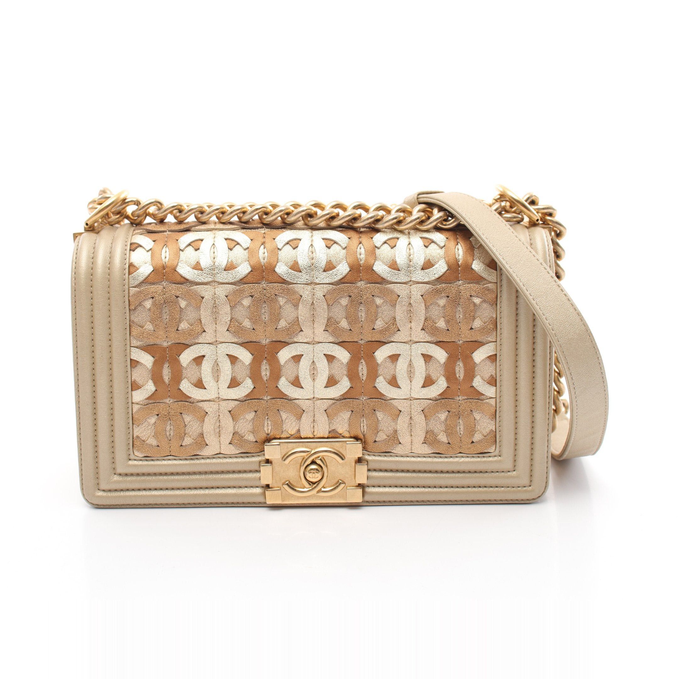 Chanel Boy Chanel Matelasse Chain Shoulder Bag Leather Gray Beige Brown Gold Hardware Dubai Exclusive