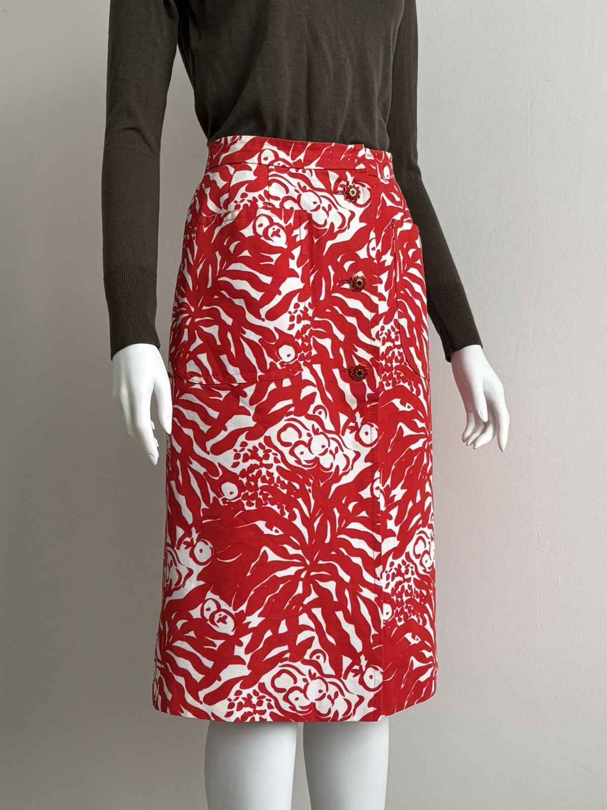 Yves Saint Laurent YSL Rive Gauche S/S 1994 Archive Printed Pencil Skirt Red M Size 27" / US 4 / IT 40 - 2 Thumbnail