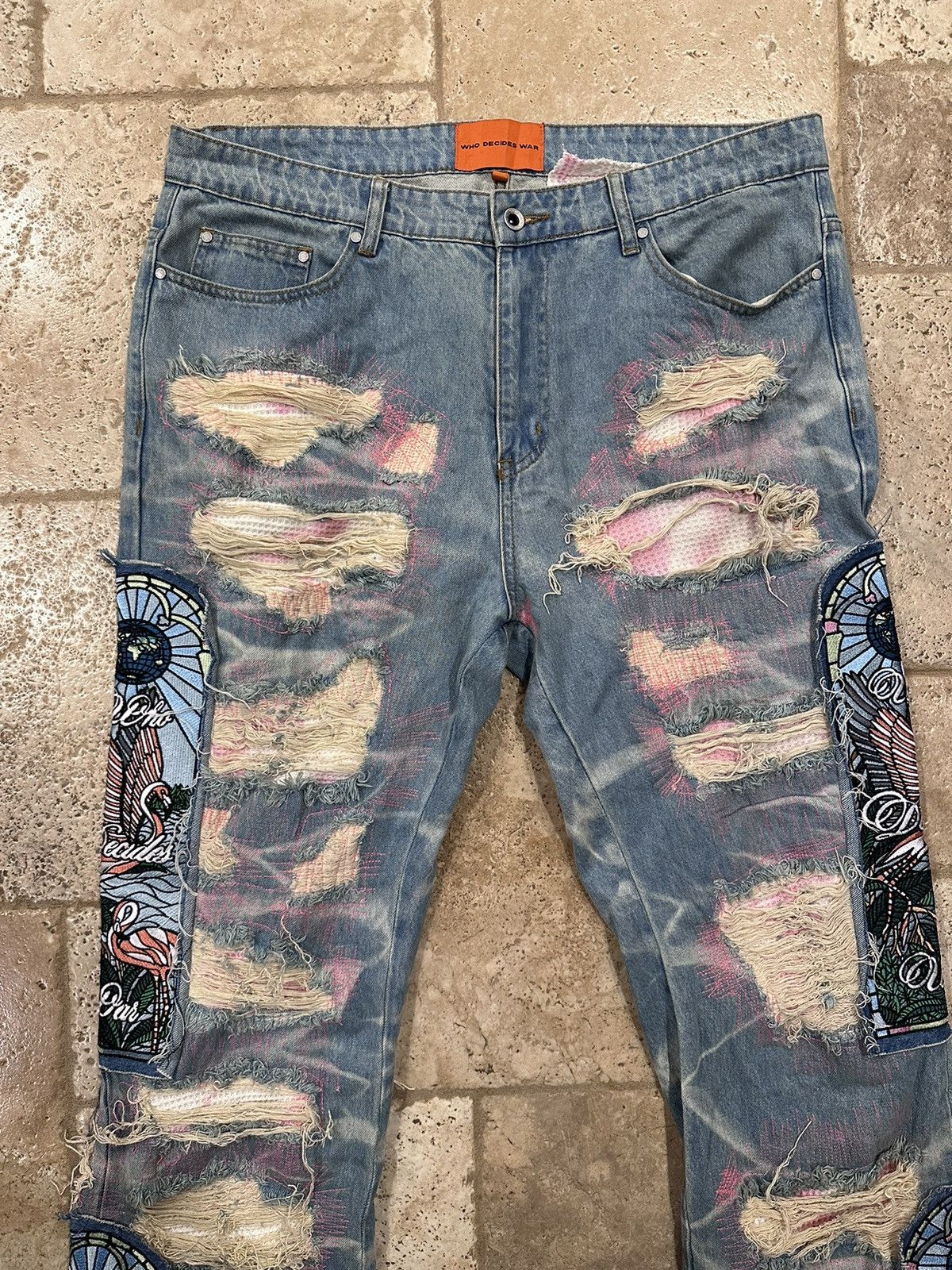 Who Decides War WDW Pink Flamingo Patch Fusion Denim Jeans