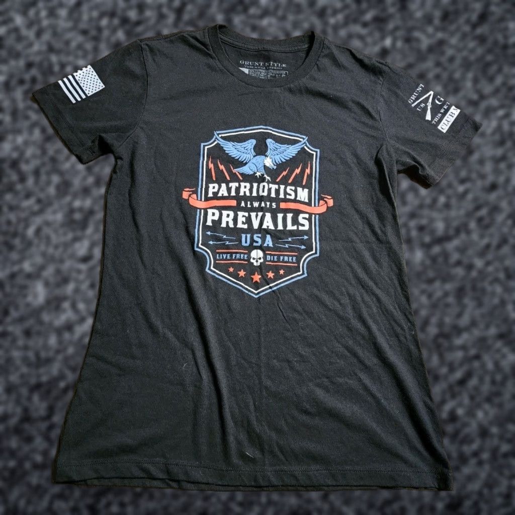 Vintage Womens Grunt Style T Shirt L Patriotism Always Prevails Black USA Flag Short Sleeve Crew Neck Polyester Cotton Slim Basic Womens Size L / US 10 / IT 46 - 1 Thumbnail