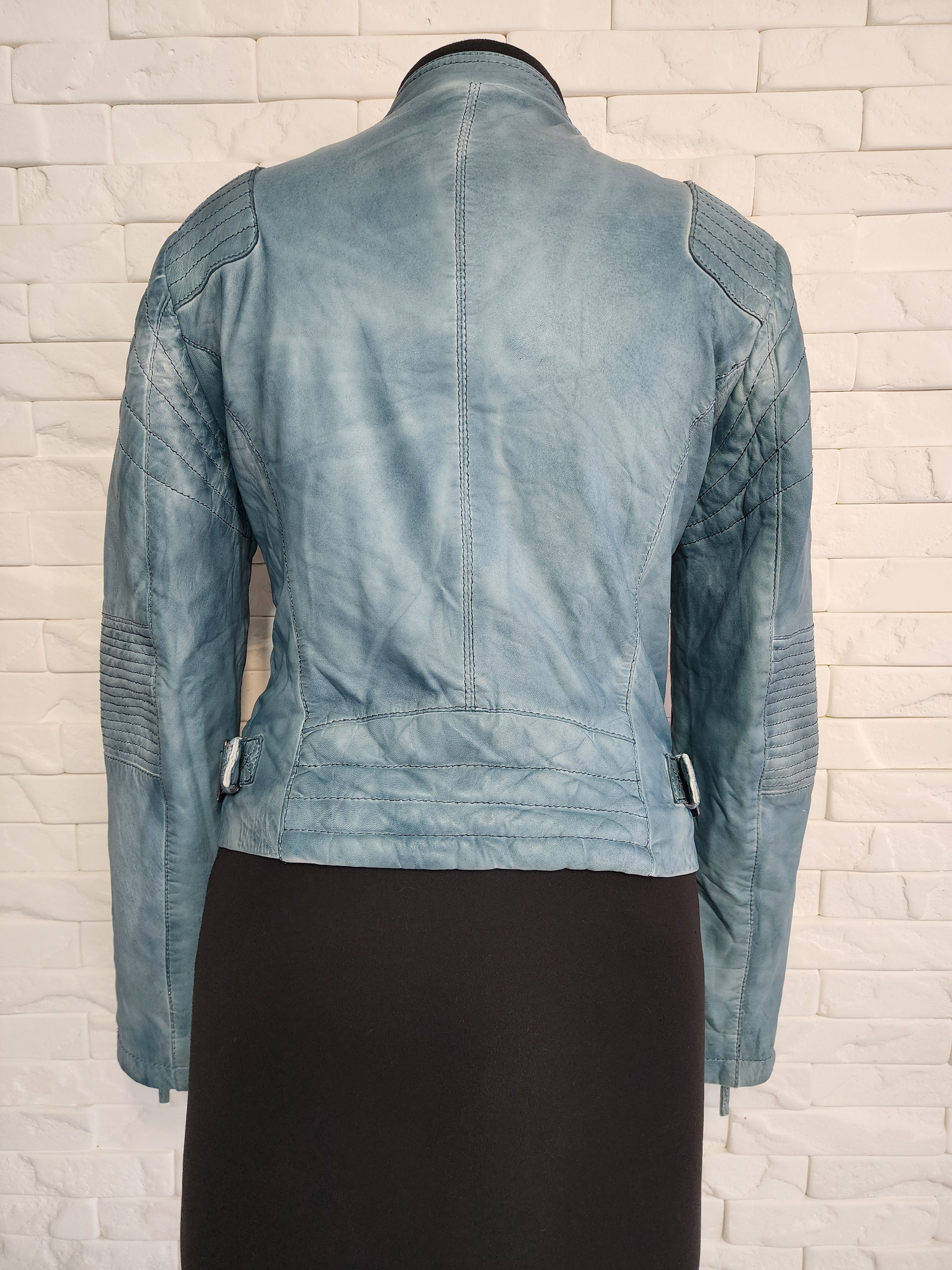 Other Blue Leather Biker Jacket - Women's Metal Zipper Moto Jacket Size M / US 6-8 / IT 42-44 - 5 Thumbnail