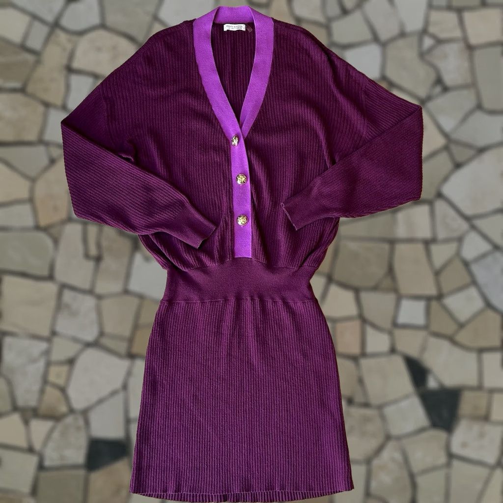 Ramy Brook Ramy Brook Andrea V-Neck Mini Sweater Dress Mulberry Women’s Large L Short Sleeve Knit Buttoned V-Neck Casual Party Wedding Size L / US 10 / IT 46 - 1 Thumbnail