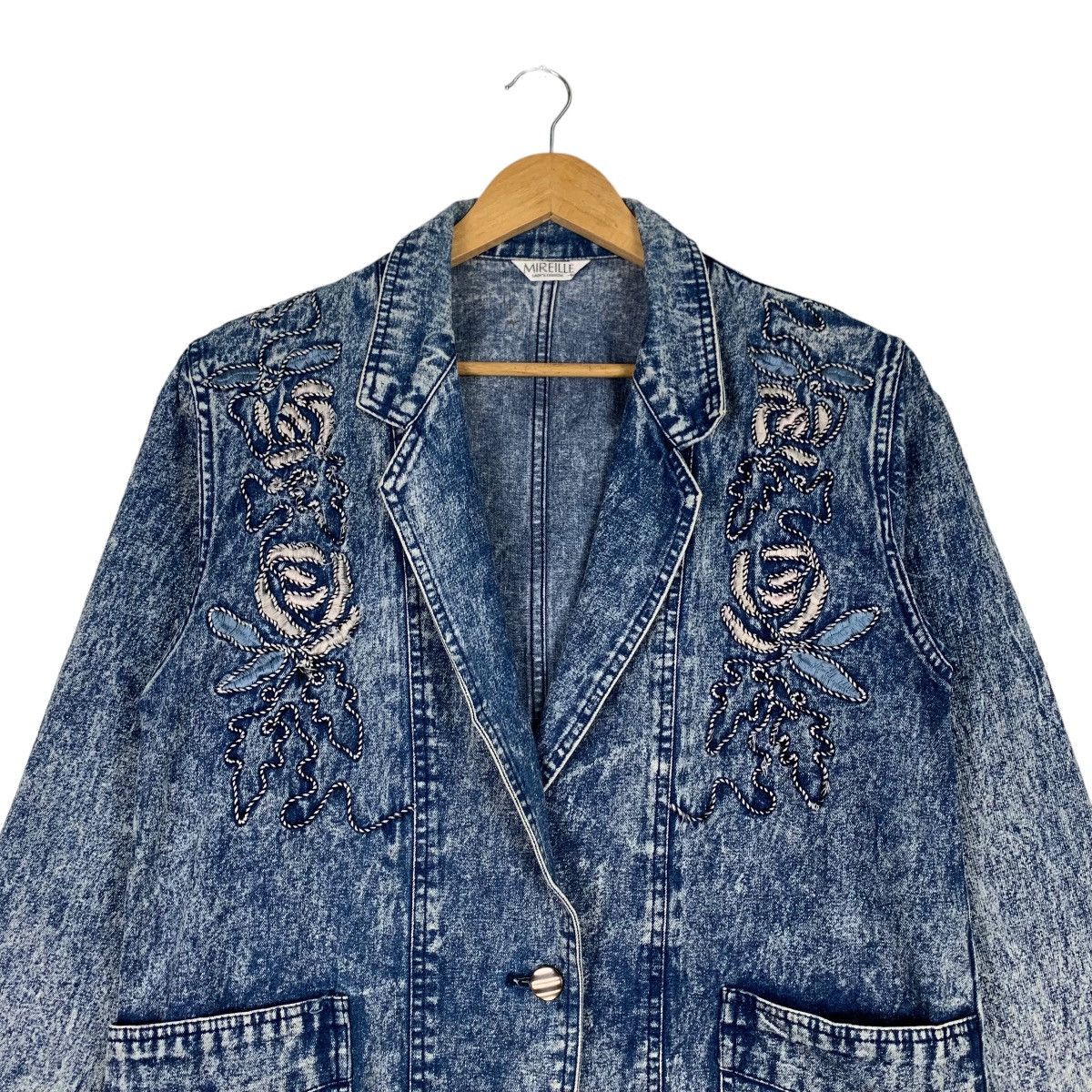 Japanese Brand MIREILLE Embroidery Logo Acid Wash Denim Jacket #1096-C50 Size L / US 10 / IT 46 - 2 Thumbnail
