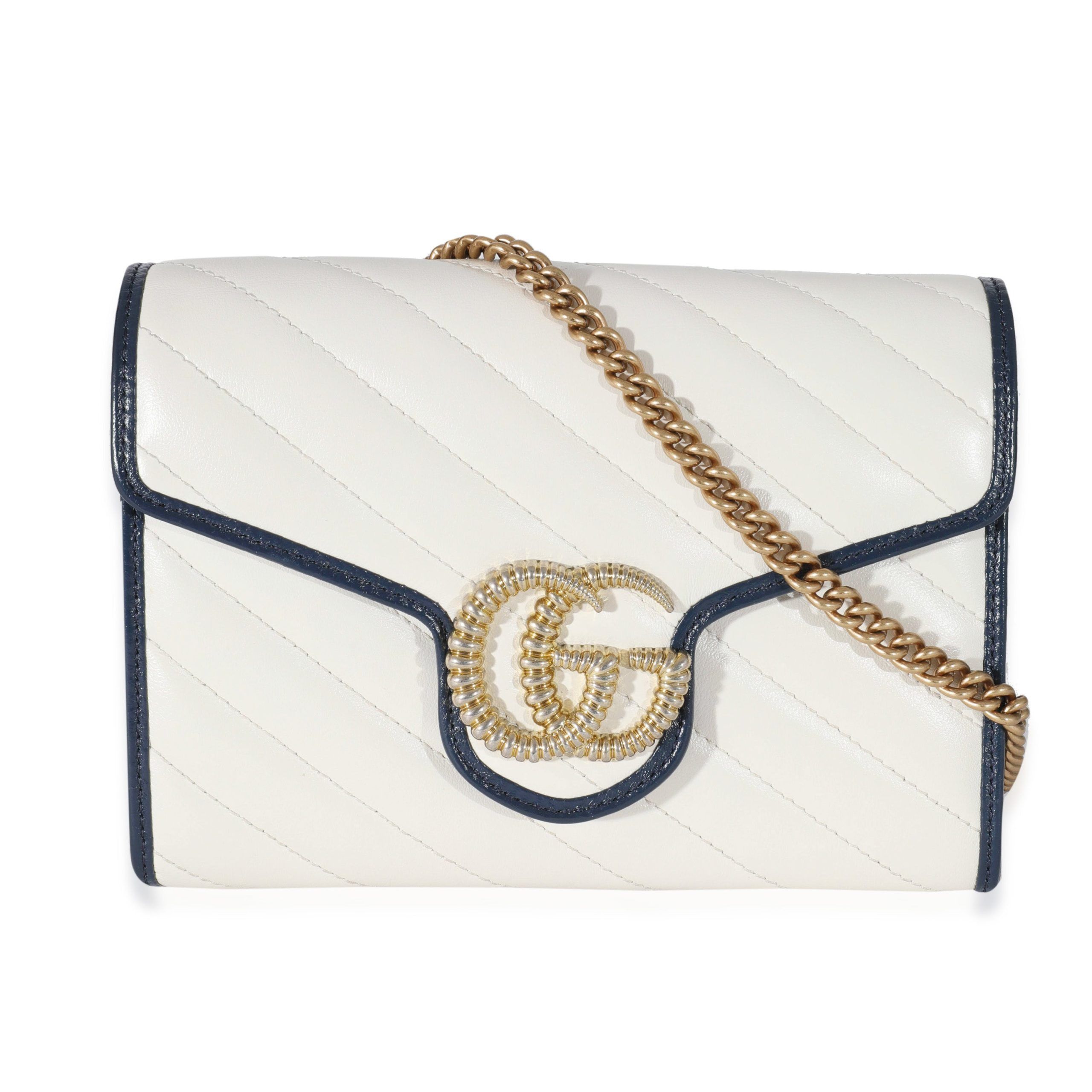 image of Gucci Blue Agata Mystic White Calfskin Torchon Diagonal GG Marmont Chain Wallet, Women's