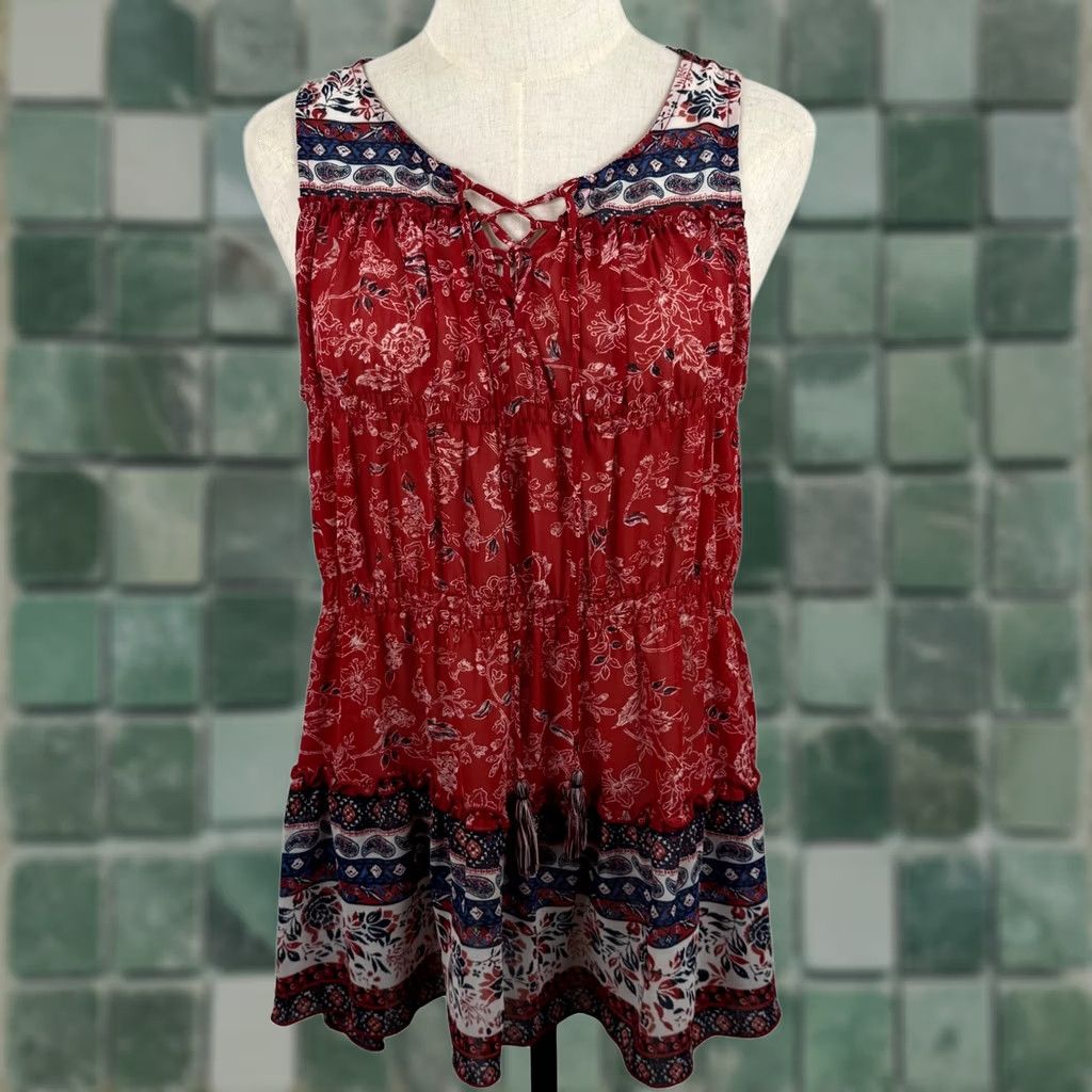 Vintage Knox Rose Womens S Blouse Sleeveless Red Floral Paisley Chiffon V-Neck Lace Up Tassel Boho Peplum Top Size S / US 4 / IT 40 - 1 Thumbnail