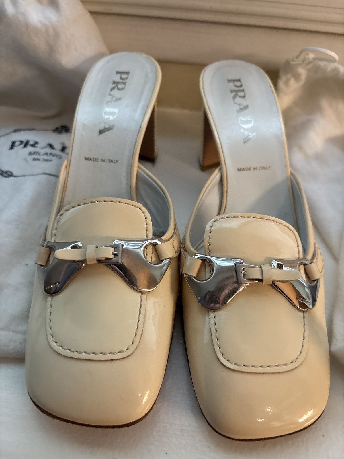 Prada Prada Mules Creme With Silver Buckle Size US 7.5 / IT 37.5 - 1 Thumbnail
