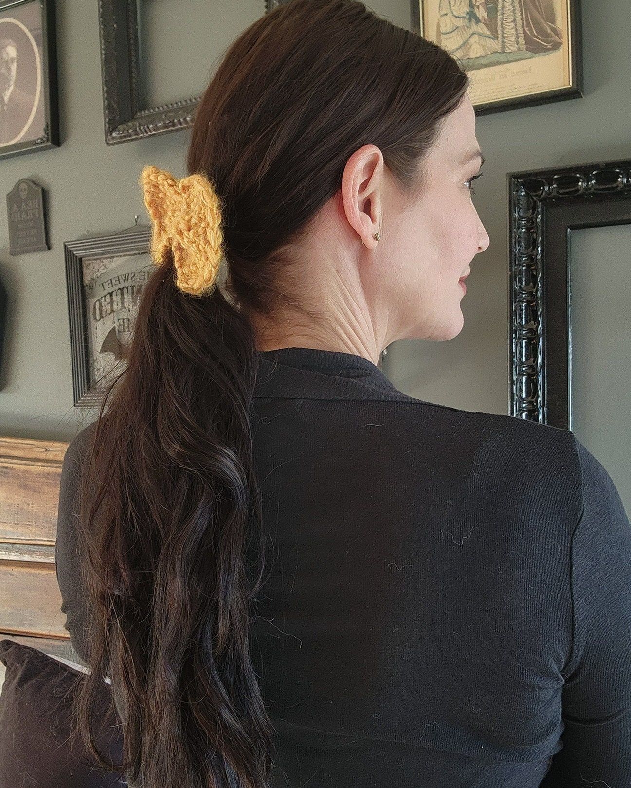 Handmade Knit Hair Bow, Handknitted Golden Yellow Ponytail Holder or Size ONE SIZE - 9 Thumbnail