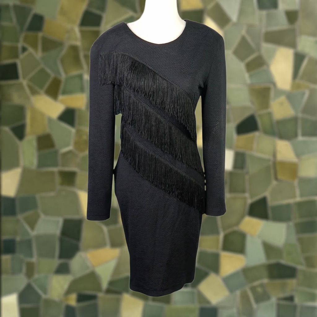 Vintage VINTAGE Unit Black Western Fringe Bodycon Knee Length Dress L Ladies Long Sleeve 80s 90s Bohemian Western Party/Cocktail Size L / US 10 / IT 46 - 1 Thumbnail