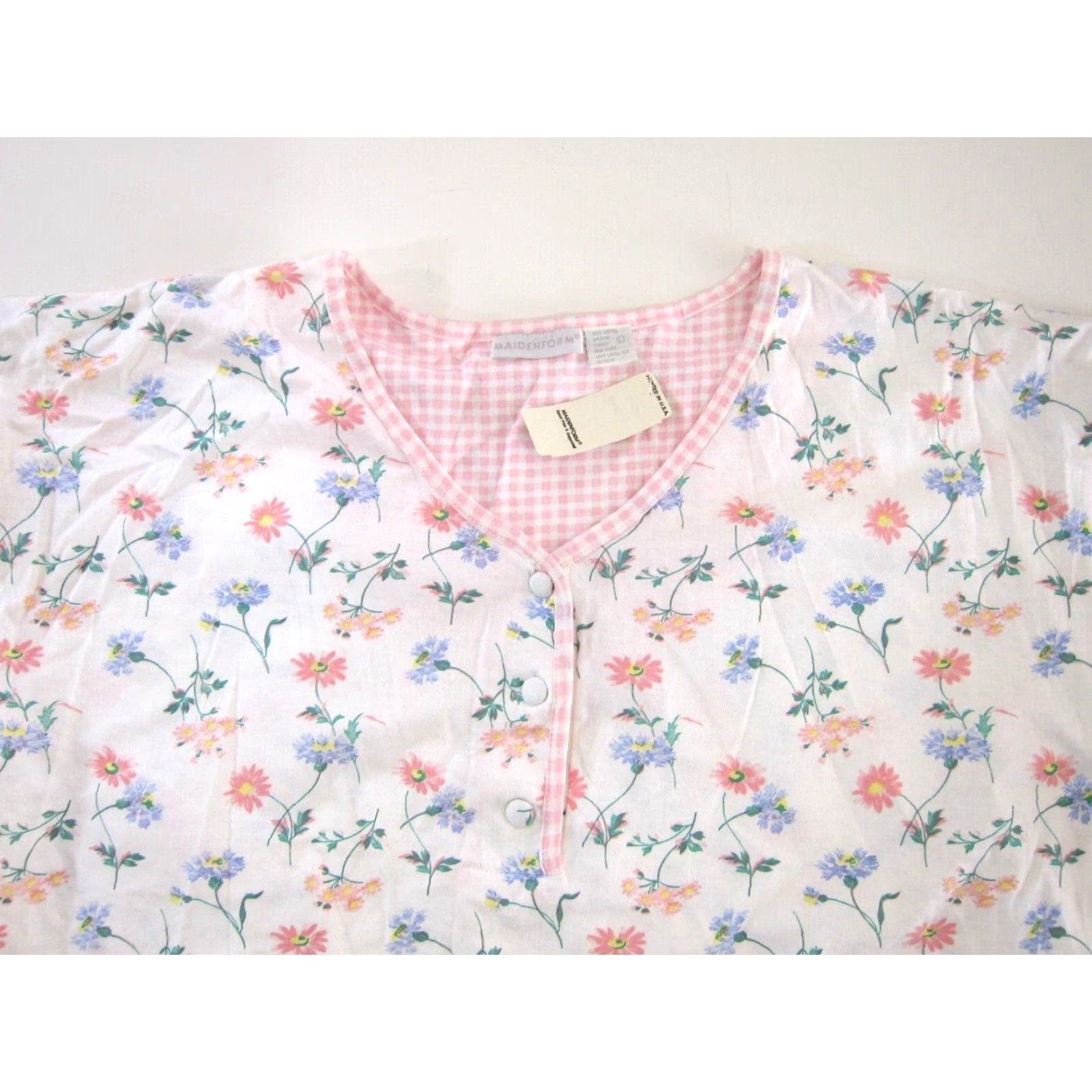 Vintage NWT Maidenform Night Shirt Blouse Short Sleeve Pink Plaid Floral Cotton Large Women Size L / US 10 / IT 46 - 3 Thumbnail