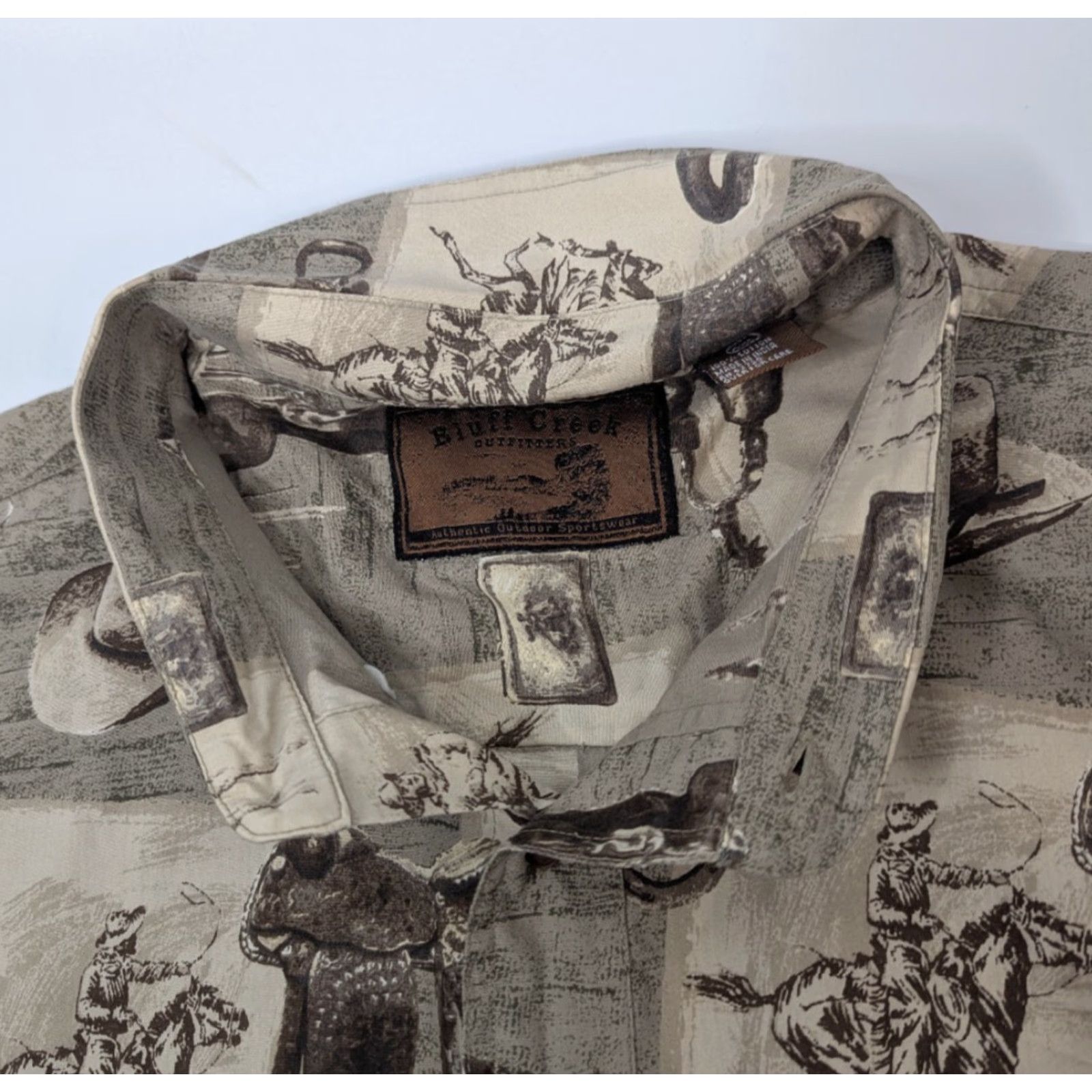 Vintage Bluff Creek Shirt Men's 2XL Button-Down Collared Cotton Twill Outdoor Cowboy Saddle AOP Button Up Size US XXL / EU 58 / 5 - 6 Thumbnail