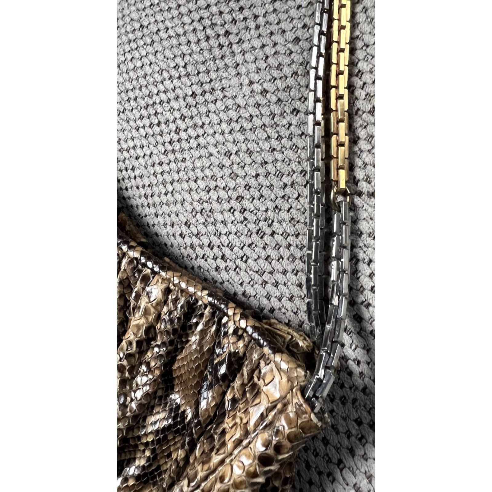 Judith Leiber VINTAGE Judith Leiber Snake Skin Shoulder Bag Gold Silver Chain Strap Women's Medium Tan Brown Gold Snake 70s 80s Evening Day Size ONE SIZE - 7 Thumbnail