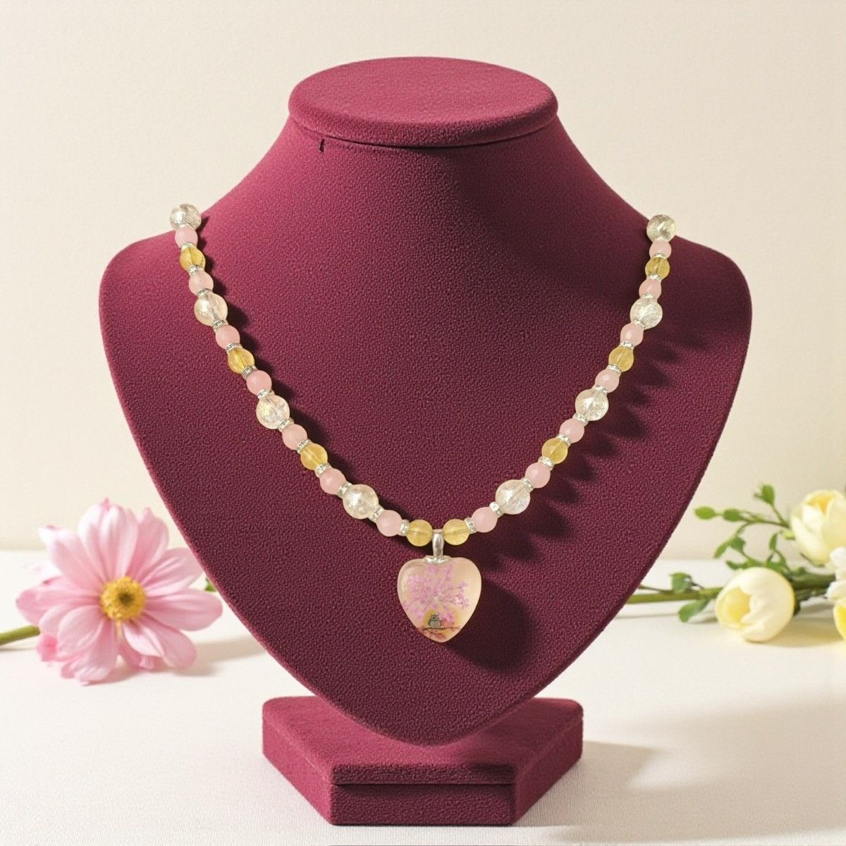 Glass Heart Flower Pendant Citrine Rose Quartz
