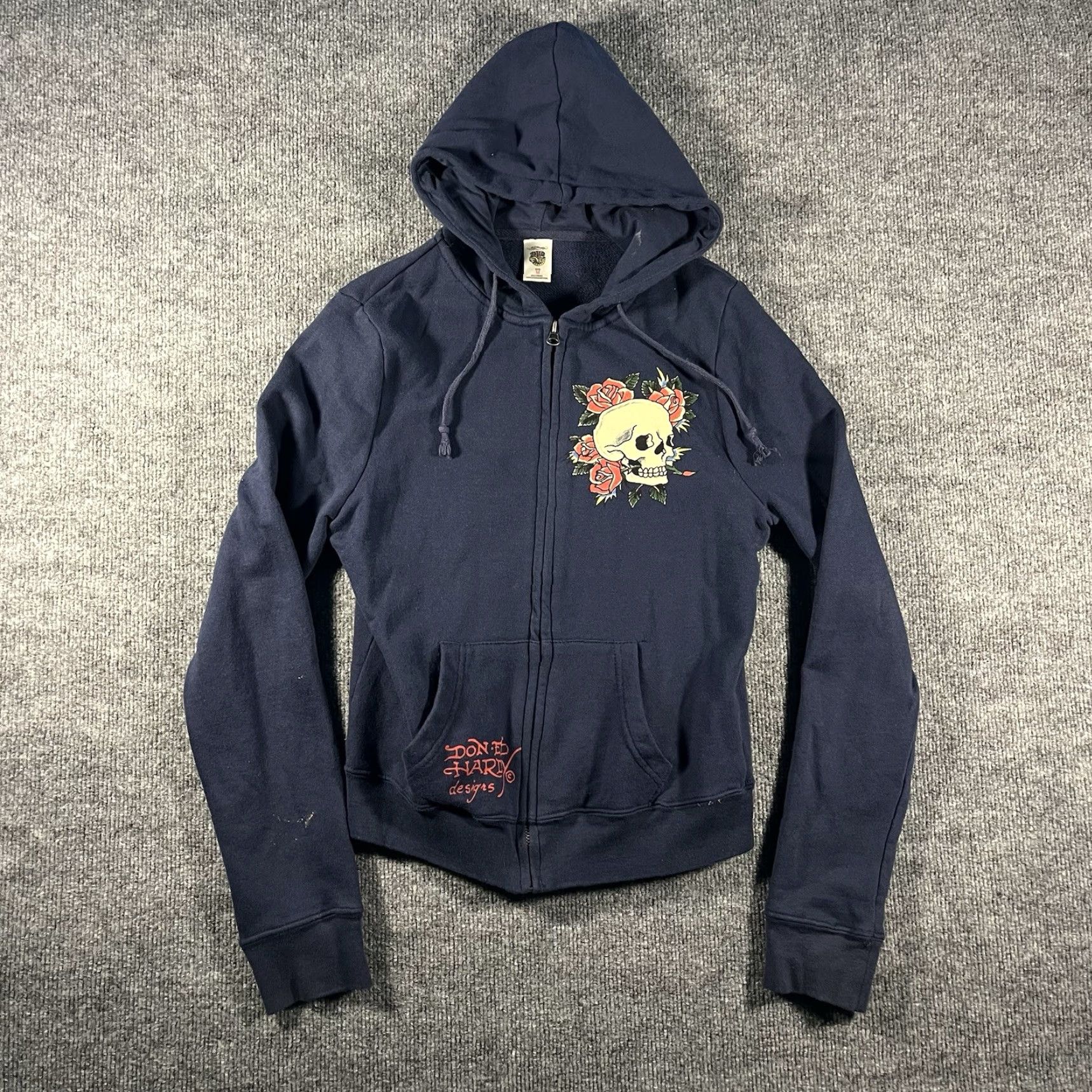 Ed Hardy VINTAGE Ed Hardy by Christian Audigier Tattoo Skull Rose Hoodie Women M Blue Full Zip Hooded Sweatshirt 90s Tattoo Theme Size M / US 6-8 / IT 42-44 - 4 Thumbnail