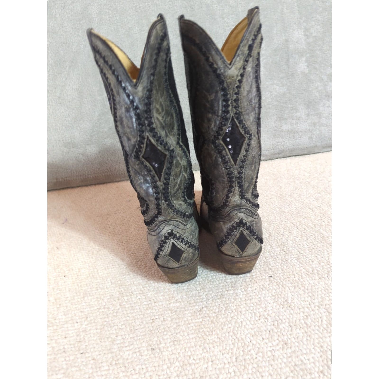 Vintage Corral Boots Cowgirl Western Leather Snip Toe Black Gray Inlay 7M Mid Calf Size US 7 / IT 37 - 6 Thumbnail