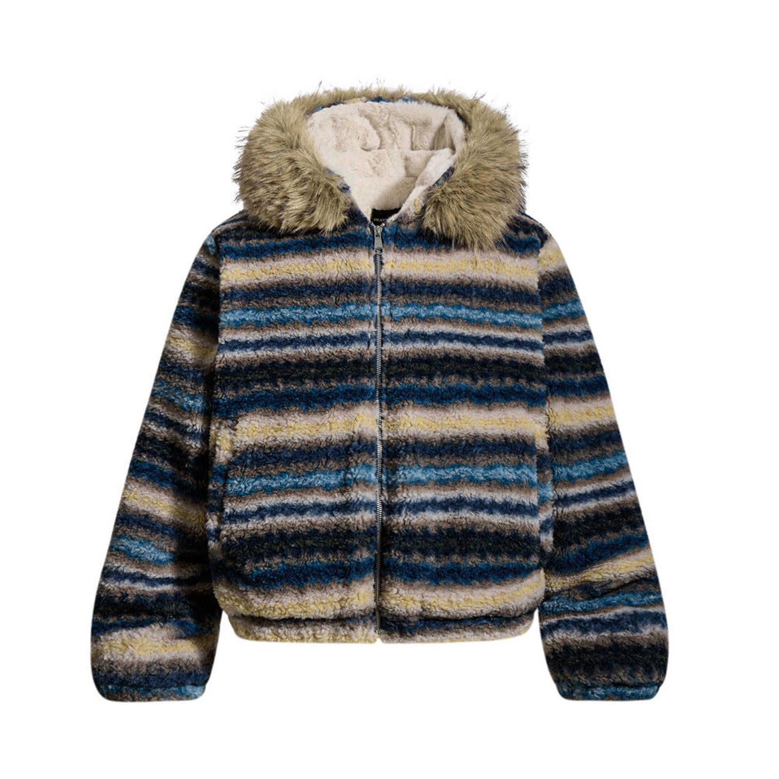 Japanese Brand Striped Faux Fur Hooded Jacket, Cozy Winter Outerwear Size US M / EU 48-50 / 2 - 1 Thumbnail