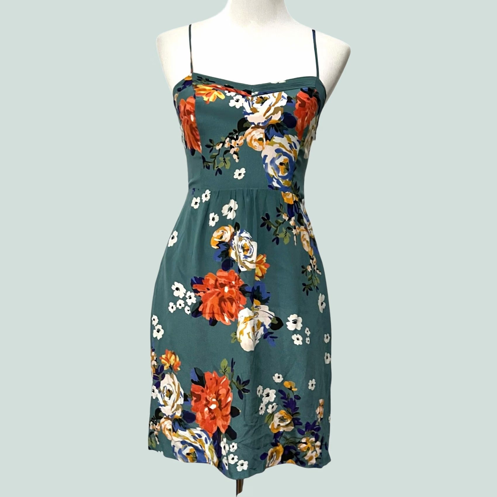 Vintage Moulinette Soeurs Silk Slip Dress Spaghetti Straps Green Floral w/ Pockets Sz 2 Size XS / US 0-2 / IT 36-38 - 1 Thumbnail