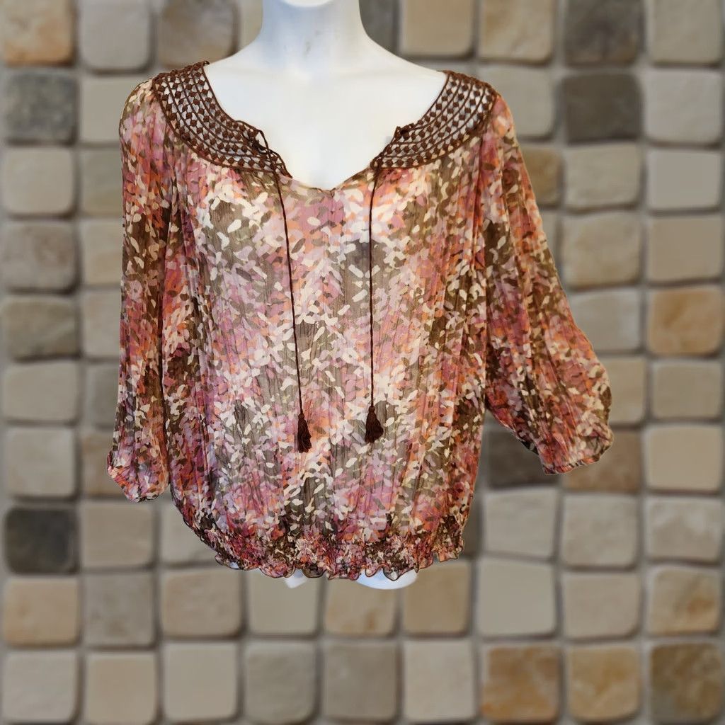 Avenue Avenue Brown Embroidered Smocked Trim Watercolor Sheer Top Hippie Boho 22 24 Size 3XL / US 20-22 - 1 Thumbnail