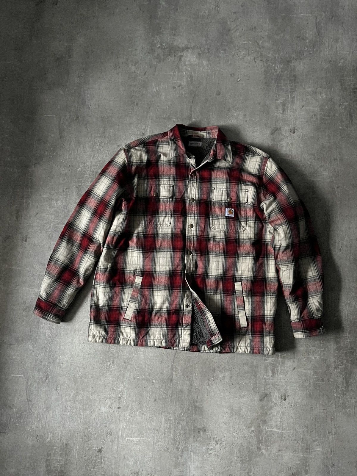 image of Carhartt Hubbard Sherp Checked Shirt Jacket Vintage in Red White, Men's (Size XL)