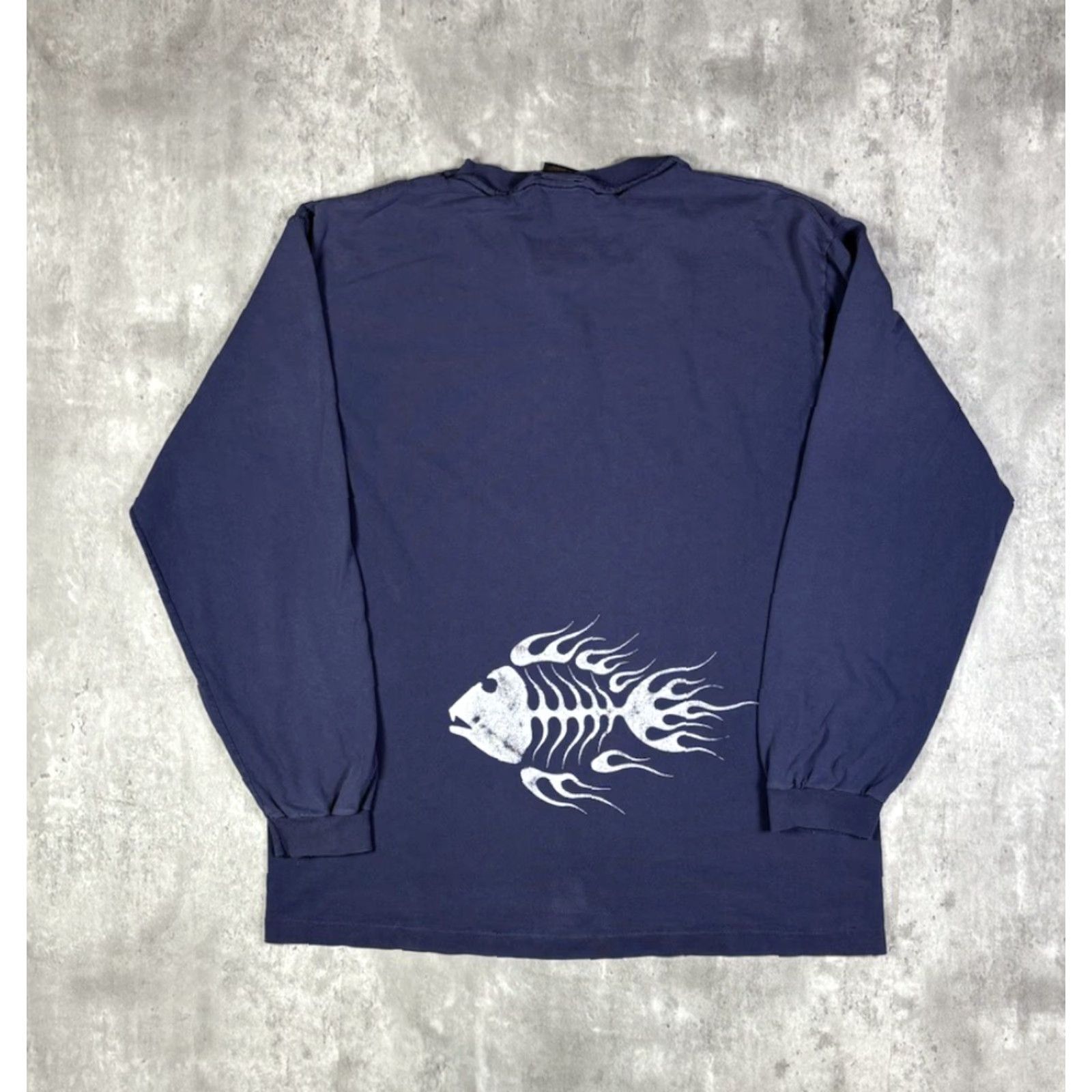 Bones VINTAGE 90s Fish Bone Long Sleeve T Shirt XL Blue Cotton Knit Men's Shirt Regular Size US XL / EU 56 / 4 - 2 Thumbnail