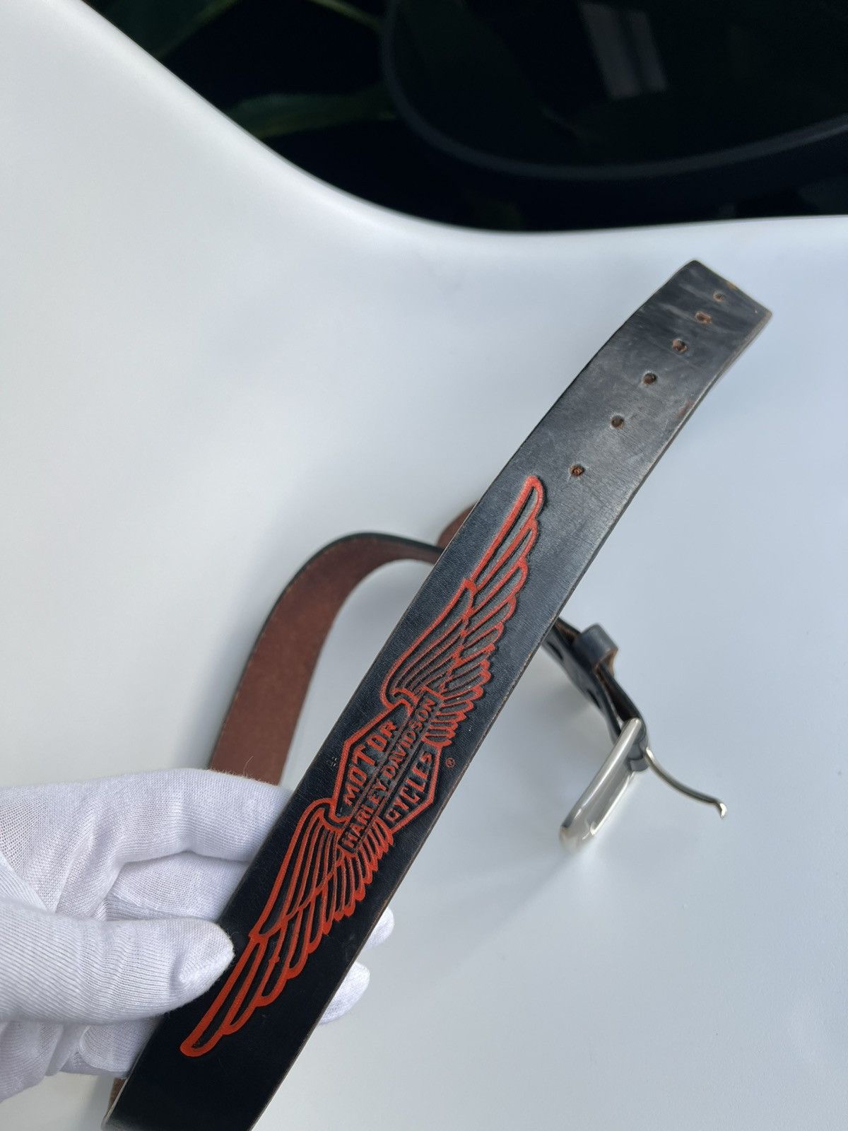 Harley Davidson Harley-Davidson Leather Belt Black Red Wings USA S Vintage Size 30 - 8 Thumbnail