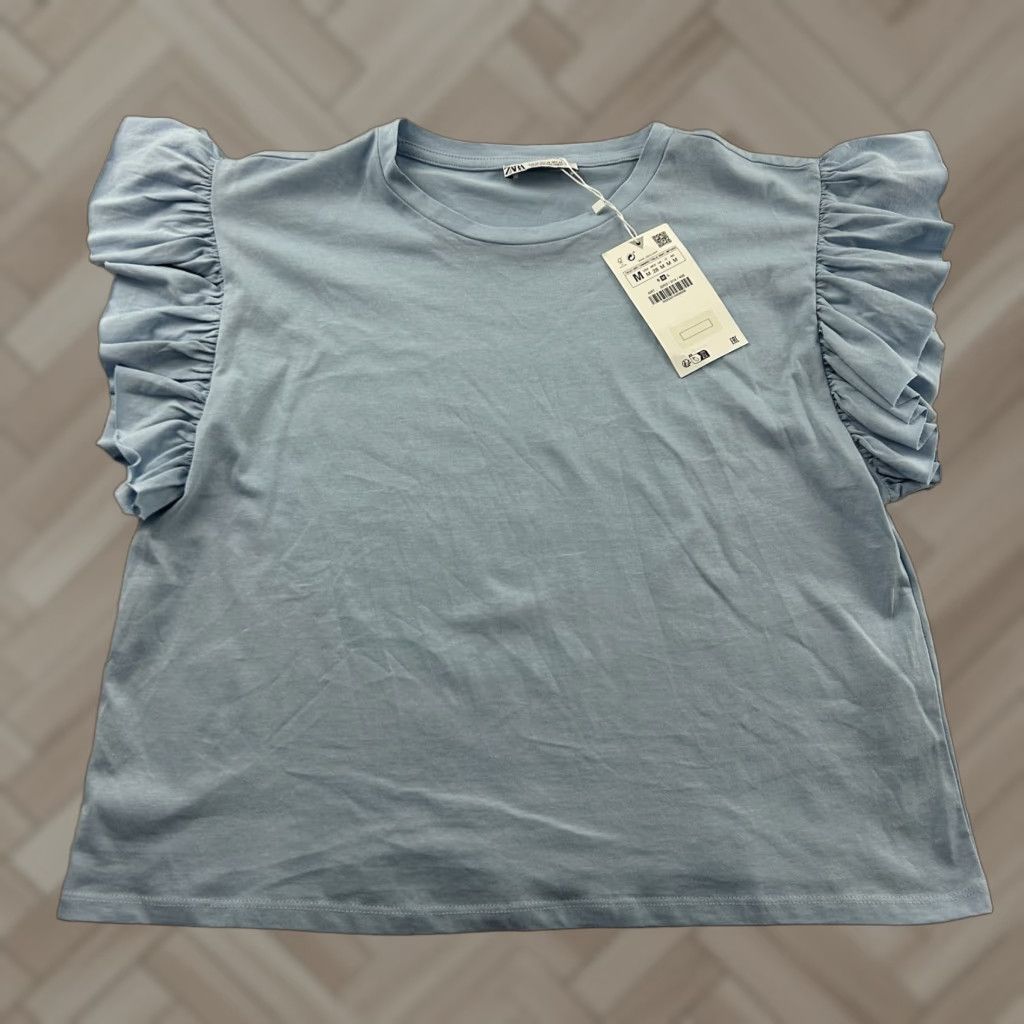 Zara Zara Short Sleeve Ruffle Sleeve Top Women's M Blue Blouse Shirt Size M / US 6-8 / IT 42-44 - 1 Thumbnail