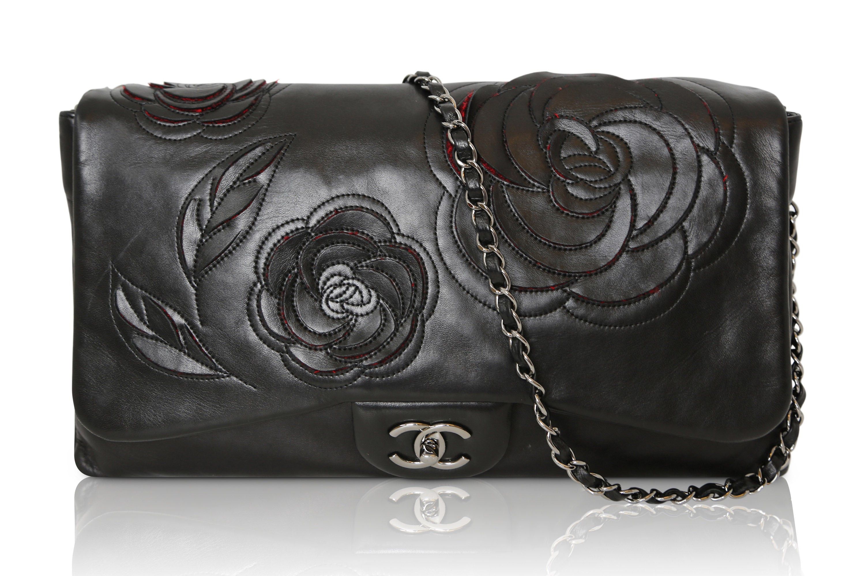 image of Chanel Black Lambskin Camellia Runway Flap Bag, Women's