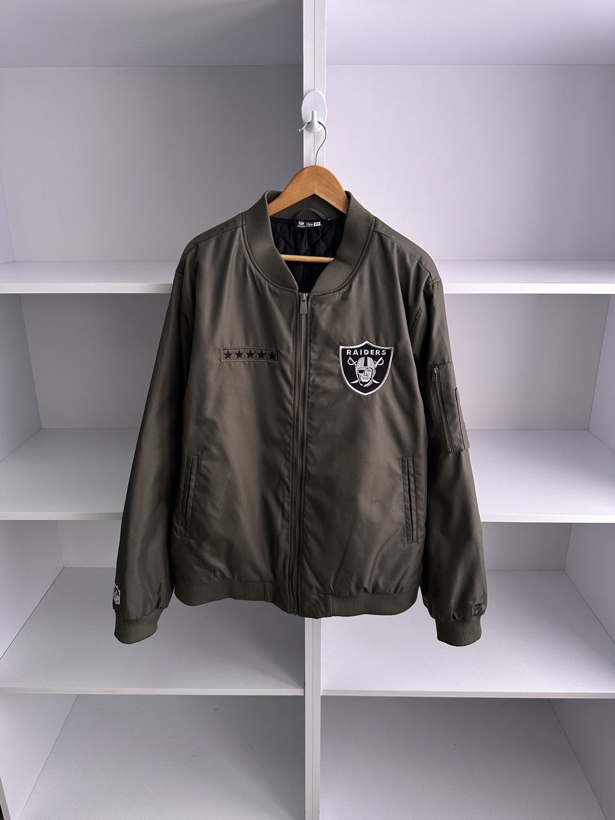 image of Vintage Los Angeles Oakland Raiders Nfl Nylon Bomber Jacket in Khaki, Men's (Size 2XL)