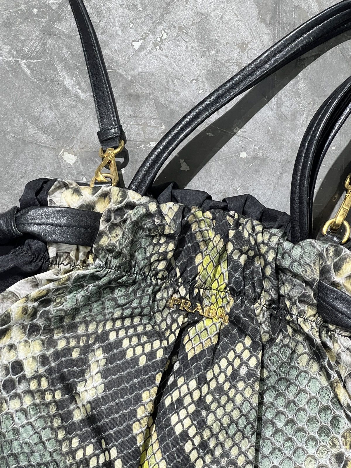 Prada PRADA Green/Black Python Print Nylon Small Bow Satchel Bag Size ONE SIZE - 2 Thumbnail