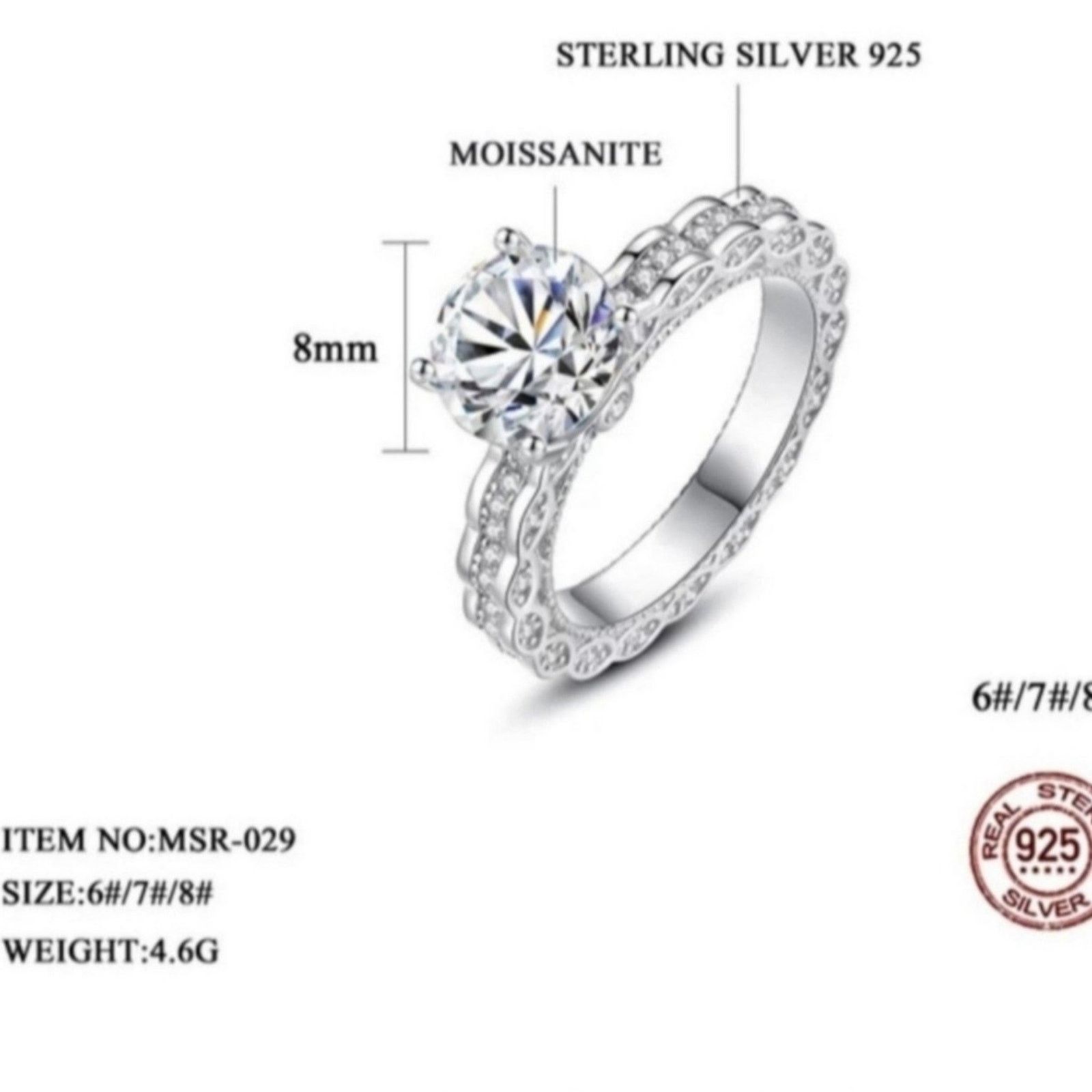 Other 2 Ct Moissanite Ring Rhodium Plated 925 Sterling Silver 6 Size ONE SIZE - 12 Thumbnail