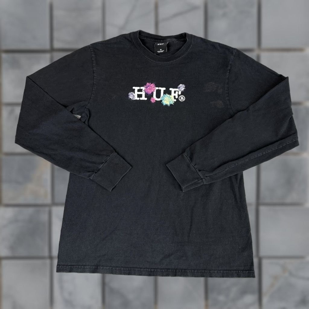 Huf Huf T Shirt Mens Medium Black Embroidered Floral Streetwear Distressed Casual Size US M / EU 48-50 / 2 - 1 Thumbnail