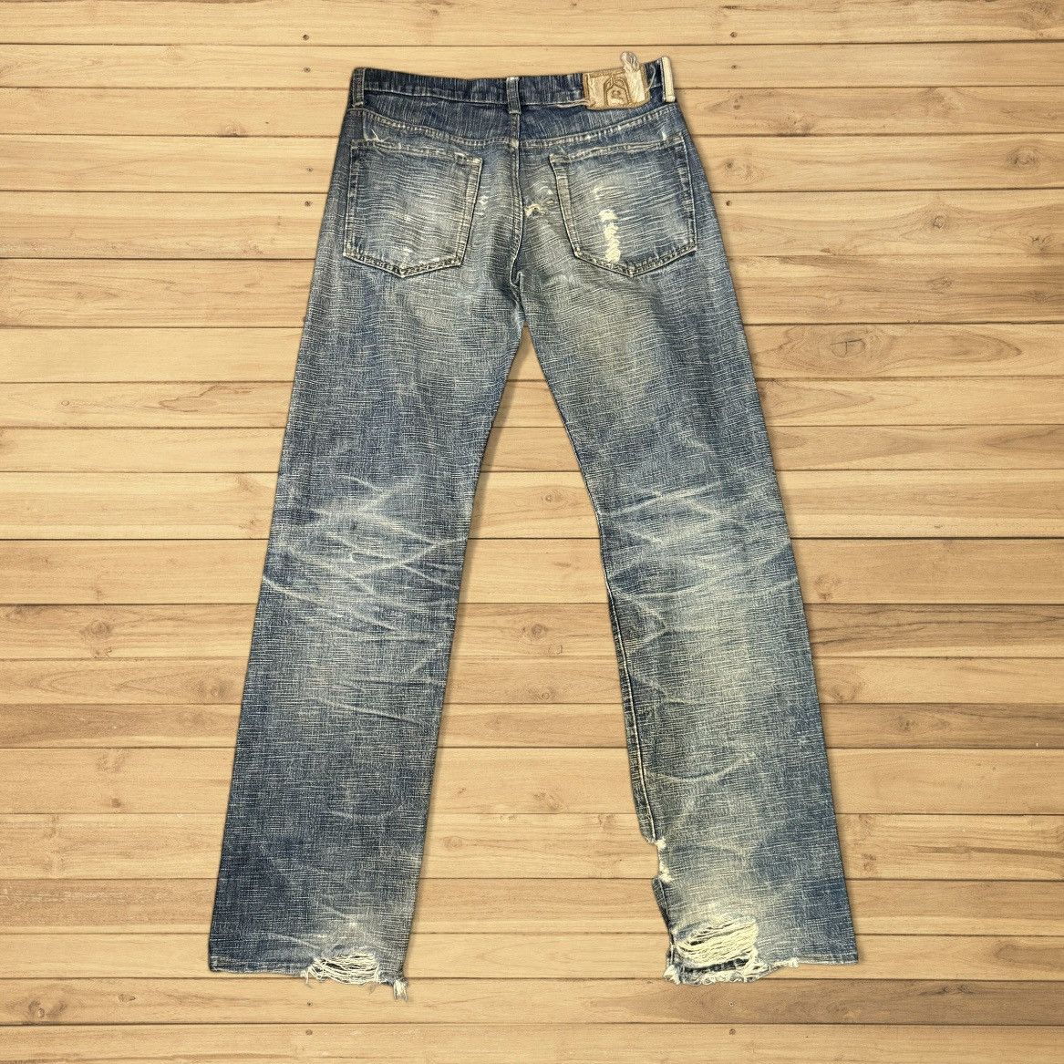 Indigo 🔥🇯🇵 Vintage 90s Crazy Distressed KU Handcraft Raw Denim Size US 31 - 3 Thumbnail