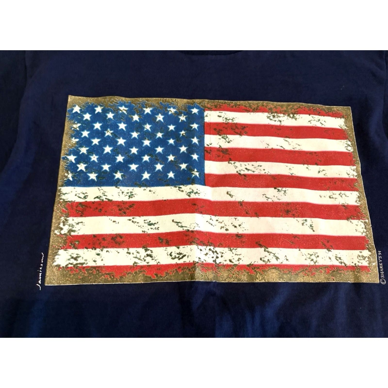 Fruit Of The Loom VINTAGE 1991 Cotton Island USA Flag Navy Blue Tee Shirt L 90s USA Men T-Shirt Short Sleeve Crew Neck Size US L / EU 52-54 / 3 - 4 Thumbnail