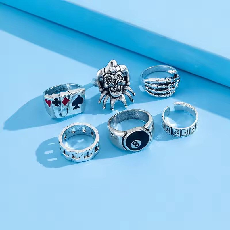 Jewelry 6 pieces Set Creative Skull Head Poker Bat Rings Size ONE SIZE - 2 Thumbnail