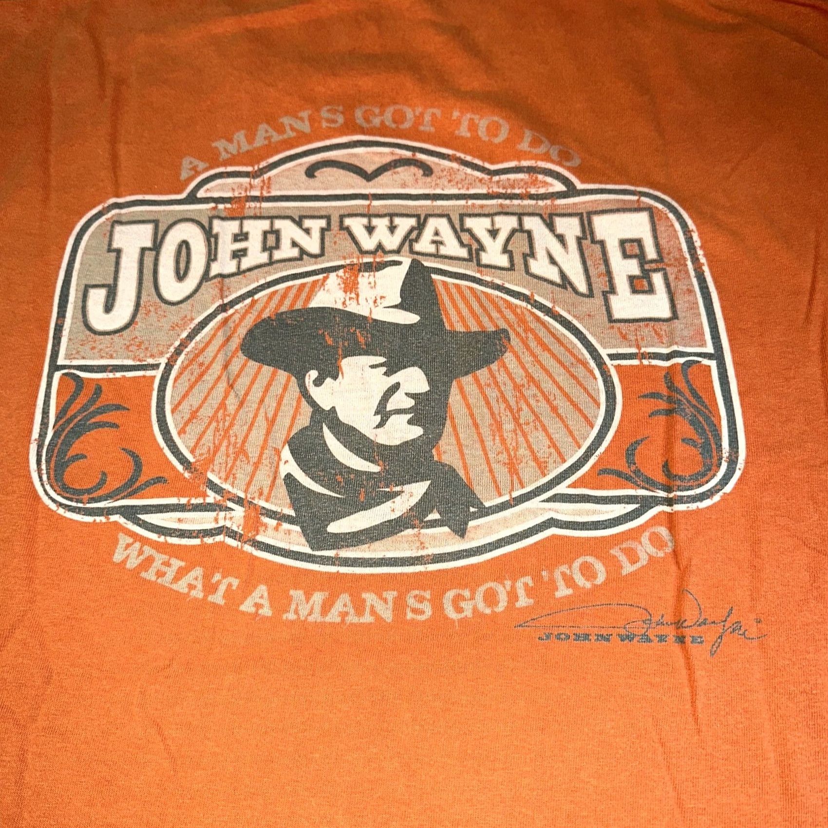 Vintage John Wayne Mens L Shirt Orange Logo Burnt Cotton Western Tee Regular Fit Short Sleeve Crew Neck T-Shirt Quotes Vintage No (adjusted per constraints) Size US L / EU 52-54 / 3 - 5 Thumbnail