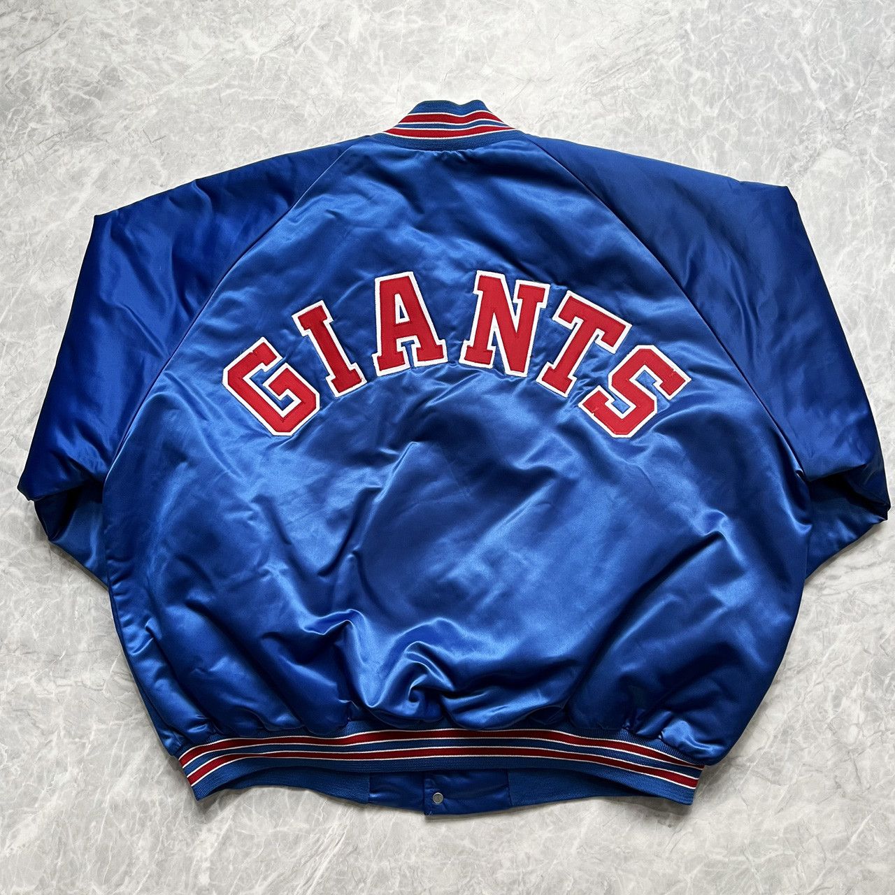 image of Chalk Line x Nfl VTG 90's Nfl New York Giants Spell Out Satin Bomber Jacket in Blue, Men's (Size 2X