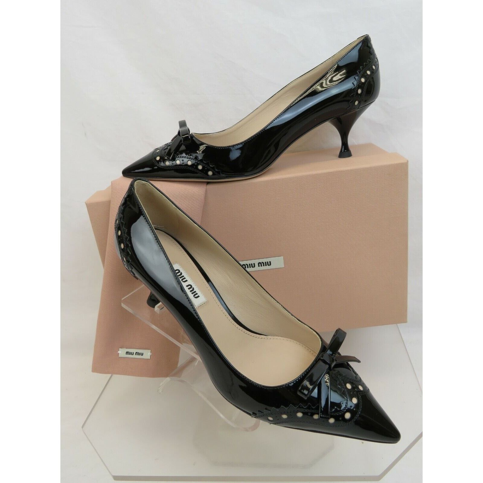 Miu Miu 5I877C BLACK LASER CUT PATENT LEATHER BOW KITTEN PUMPS 37 Size US 7 / IT 37 - 1 Thumbnail