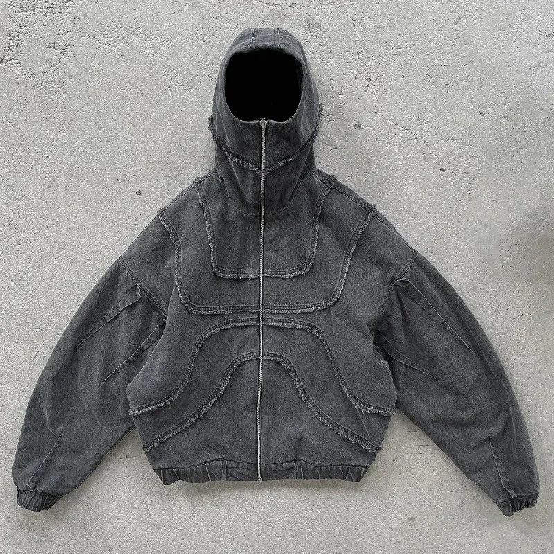 Washed Distressed Black Zipper Hoodie Jacket