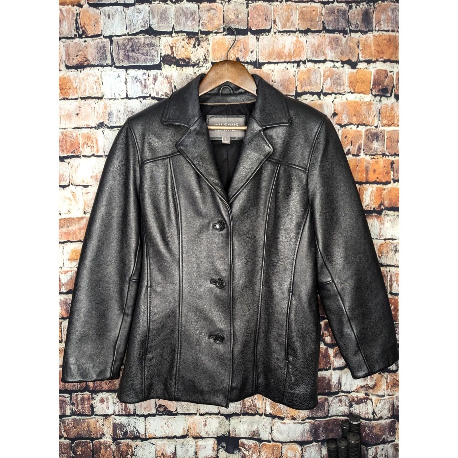 Vintage Wilsons Leather Womens Jacket Large Black Button Heavy Duty Car Church Coat Size L / US 10 / IT 46 - 5 Thumbnail