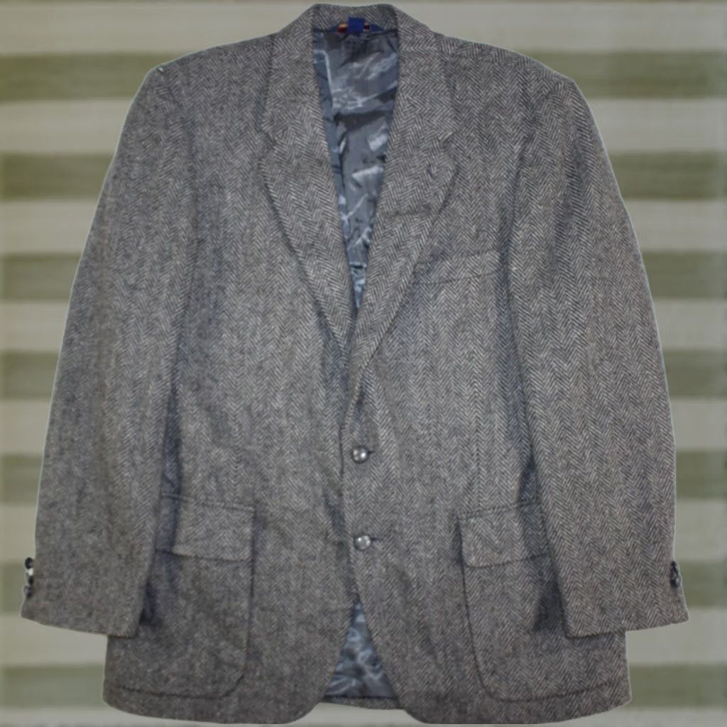Farah VINTAGE Farah Wolff Blazer Men's 44 R 100% Pure Wool Tweed Herringbone Gray Jacket Size 44R - 1 Thumbnail