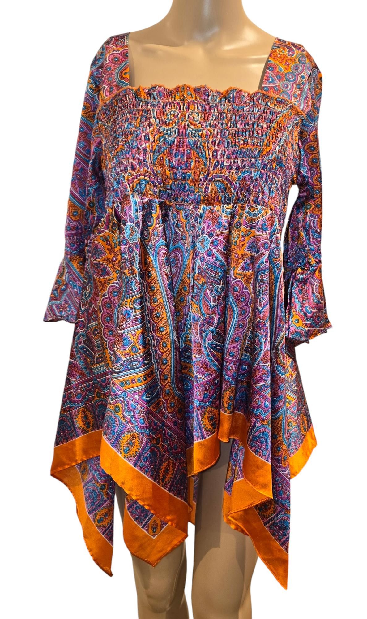 Designer Vibrant Bohemian Smocked Tunic Dress with Paisley Print Size L / US 10 / IT 46 - 2 Thumbnail