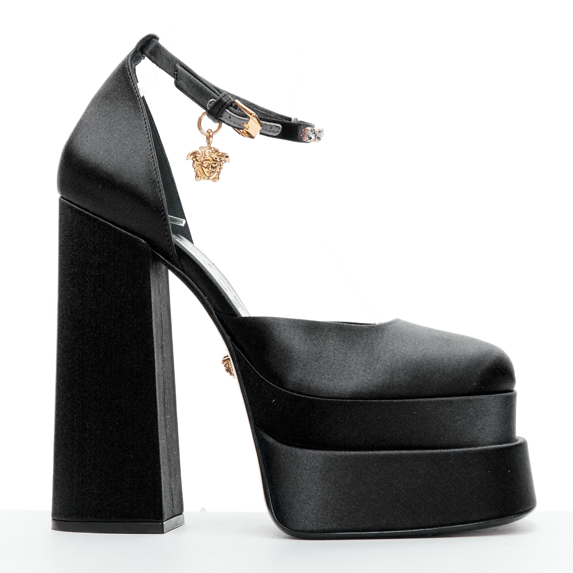 Versace VERSACE Runway Aevitas 155 black satin gold crystal Medusa double platform EU41 Size US 11 / IT 41 - 1 Thumbnail