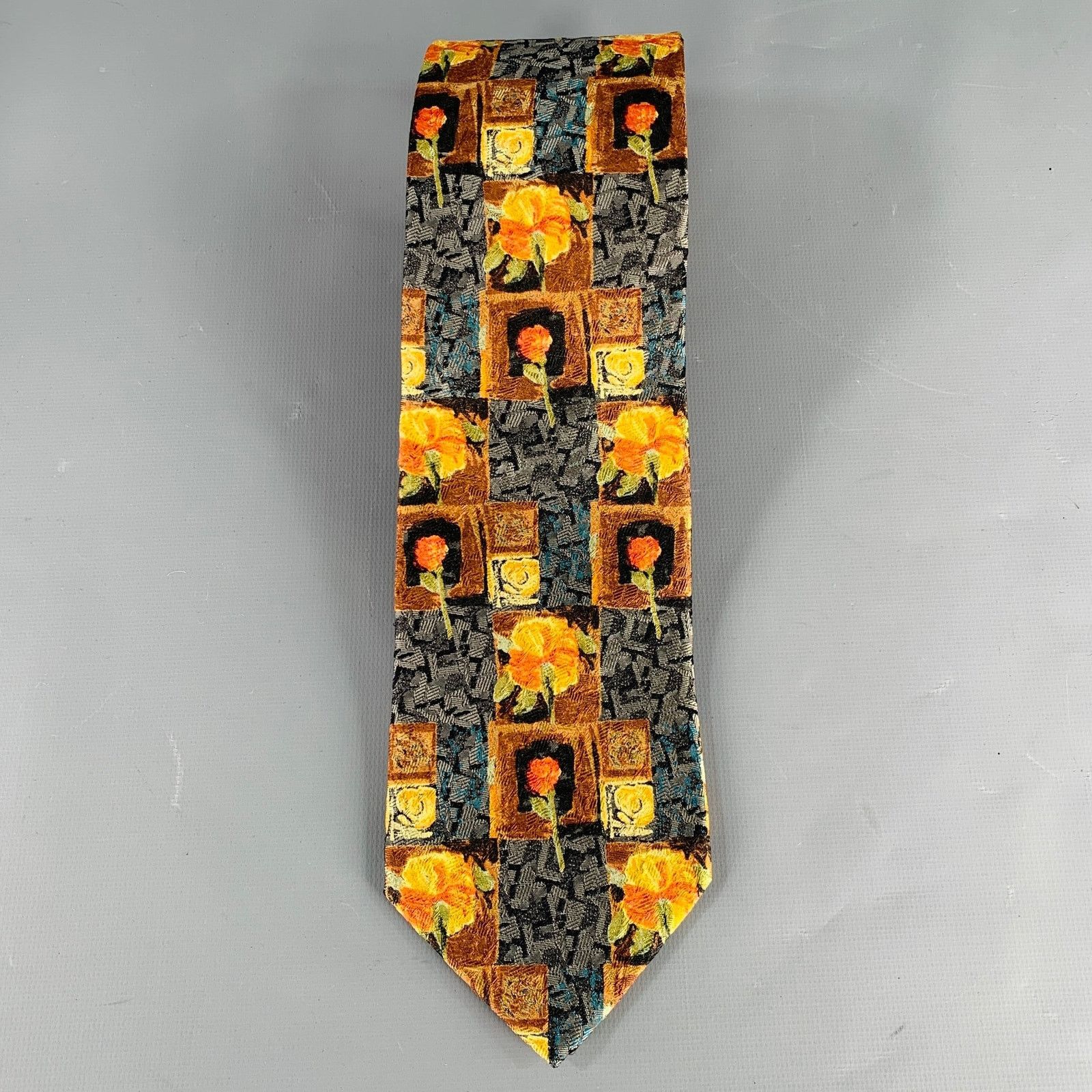 Ermenegildo Zegna ERMENEGILDO ZEGNA Grey Yellow Abstract Floral Silk Tie Size ONE SIZE - 2 Thumbnail