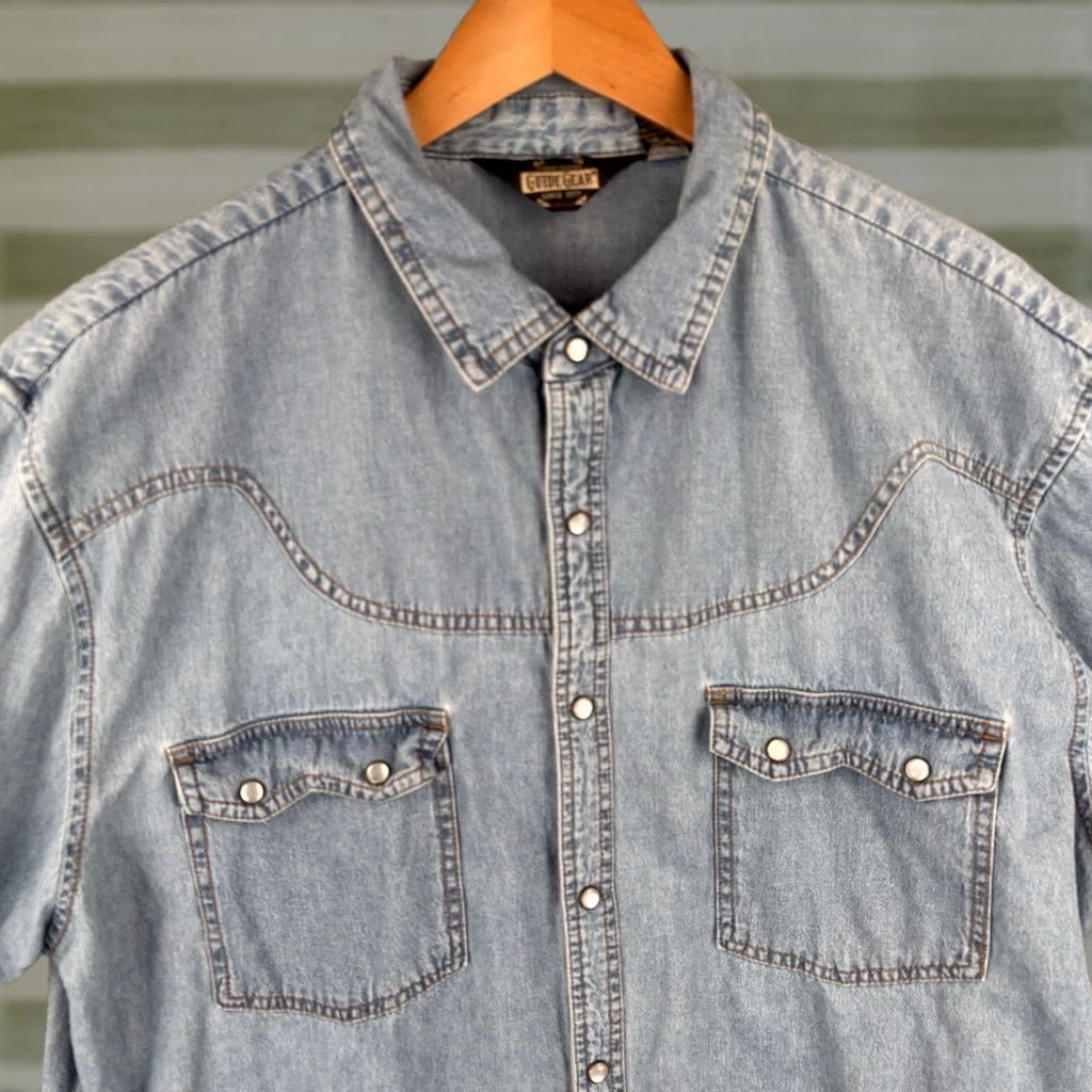 Denime Guide Gear Denim Pearl Snap Shirt Men XL Sawtooth Pocket Western Cowboy Rodeo Size US XL / EU 56 / 4 - 1 Thumbnail