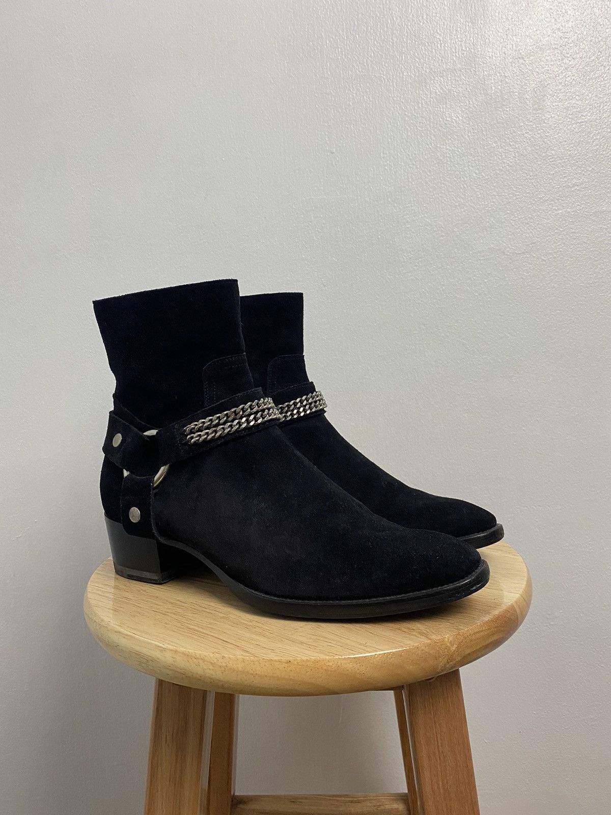 Saint Laurent Paris Wyatt Suede Silver Chain Harness Boots Boots