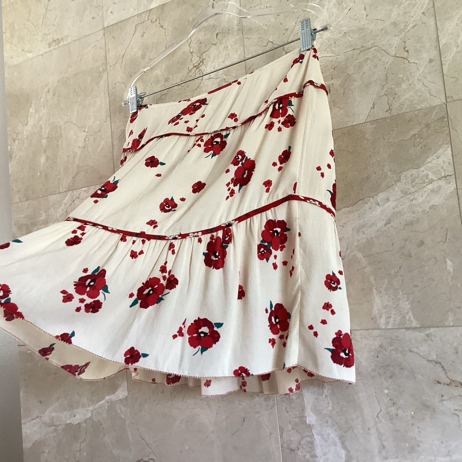 ba&sh ba&sh Bia Lady Mini Skirt Ecru Red Floral Tiered, Size 1 US6 Size 28" / US 6 / IT 42 - 5 Thumbnail