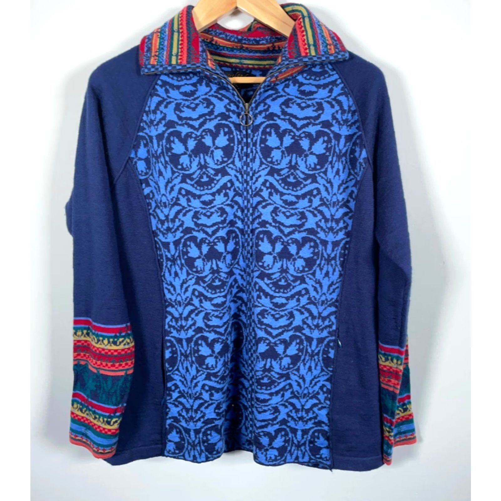 Vintage VINTAGE Icelandic Design Blue Abstract Zip Cardigan Women's XL Lightweight Wool Blend Long Sleeve Collared Knit 90s Preppy Ski Size XL / US 12-14 / IT 48-50 - 2 Thumbnail