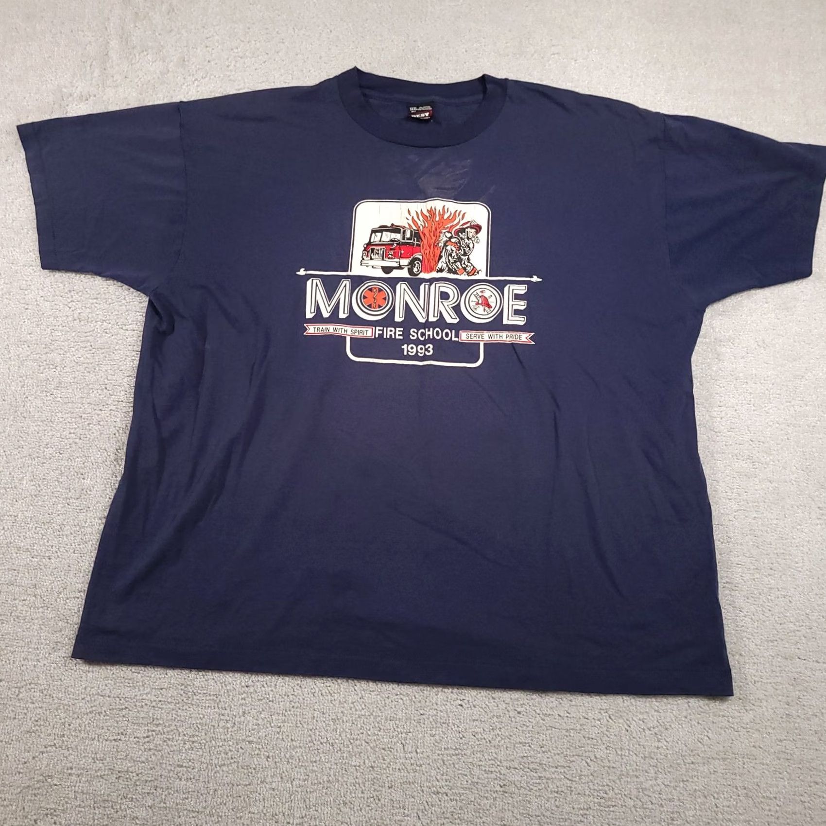 Fruit Of The Loom VINTAGE Monroe Fire School Shirt Mens 3XL Blue 1993 90s Tee Firefighter Graphic USA T-Shirt Size US XXL / EU 58 / 5 - 2 Thumbnail