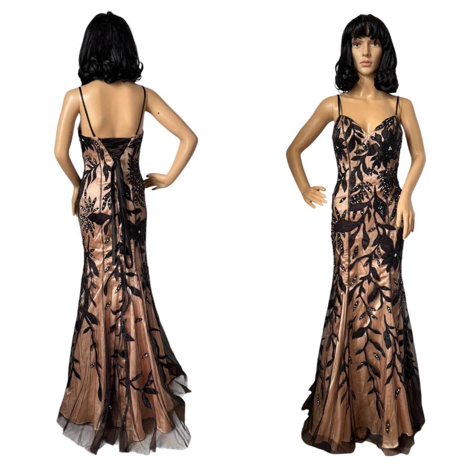 Dave & Johnny black gold beaded sequin V-neck mermaid gown