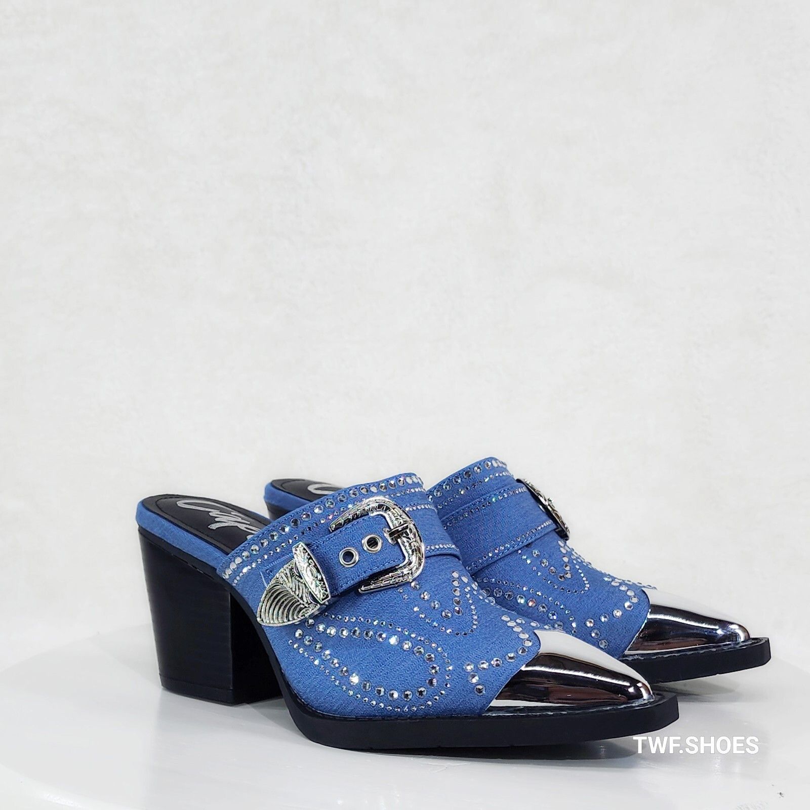 Other Vive Western Slip On Mules Blue Denim Rhinestones Metal Toe Size US 9 / IT 39 - 2 Thumbnail